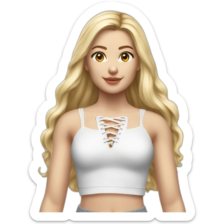 hyperrealistic caucasian female, long straight blonde hair, white lace up crop top, grey mini skirt, body view sticker