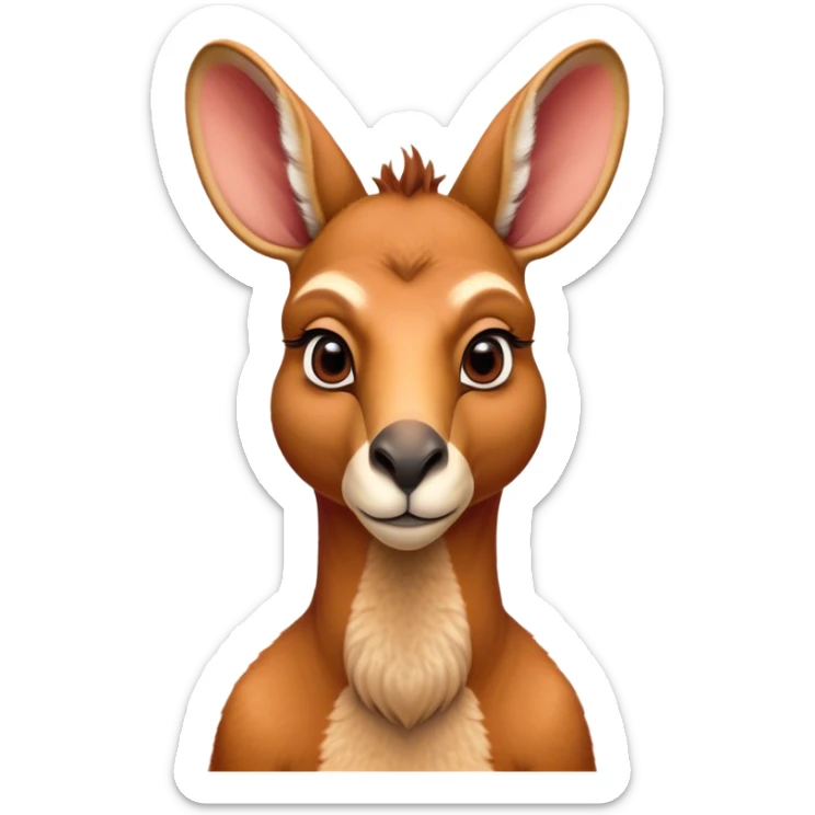 Cinematic Noble Adult Red Kangaroo Portrait Emoji, Poised and regal, with a robust, muscular build, tawny reddish fur, and a distinctive camel-shaped head featuring a slightly elongated snout, prominent ears, and keen, observant eyes, Simplified yet sharp and sophisticated features, highly detailed, glowing with a warm, sunlit glow, high shine, intelligent and commanding, stylized with an air of outback authority, focused and vigilant, soft glowing outline, capturing the essence of a watchful guardian that seems ready to bound out of the screen with effortless power! sticker