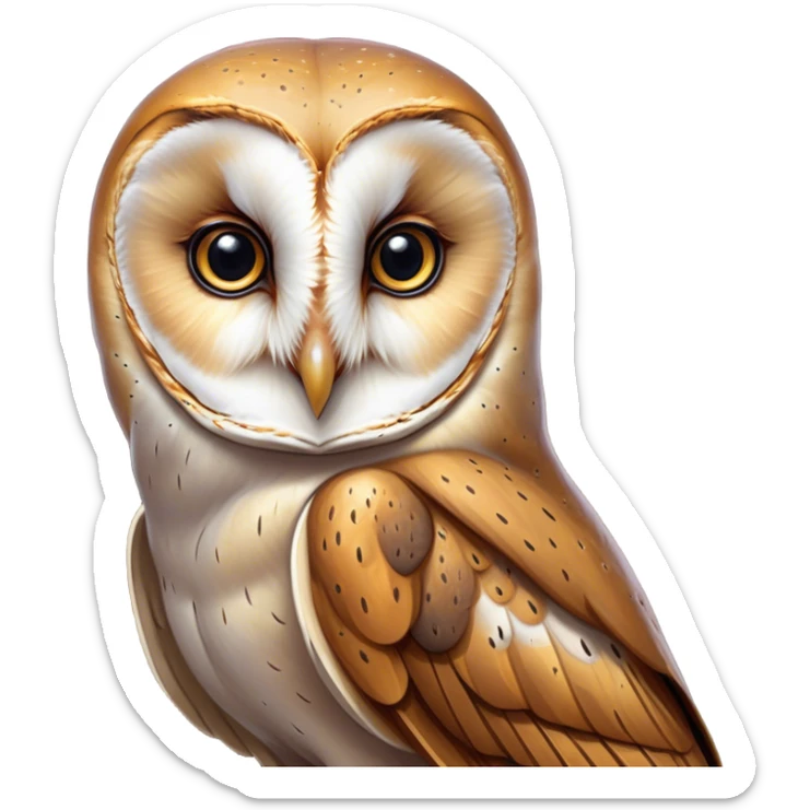 Cinematic Noble Barn Owl Portrait Emoji, Poised and regal, with a slender, graceful build and a striking mottled plumage of whites and browns, deep-set soulful amber eyes, Simplified yet sharp and sophisticated features, highly detailed, glowing with a soft, dignified glow, high shine, intelligent and mysterious, stylized with an air of nocturnal wisdom, focused and attentive, soft glowing outline, capturing the essence of a watchful and confident fowl, so majestic it feels as though it could silently glide out of the screen with effortless authority! sticker