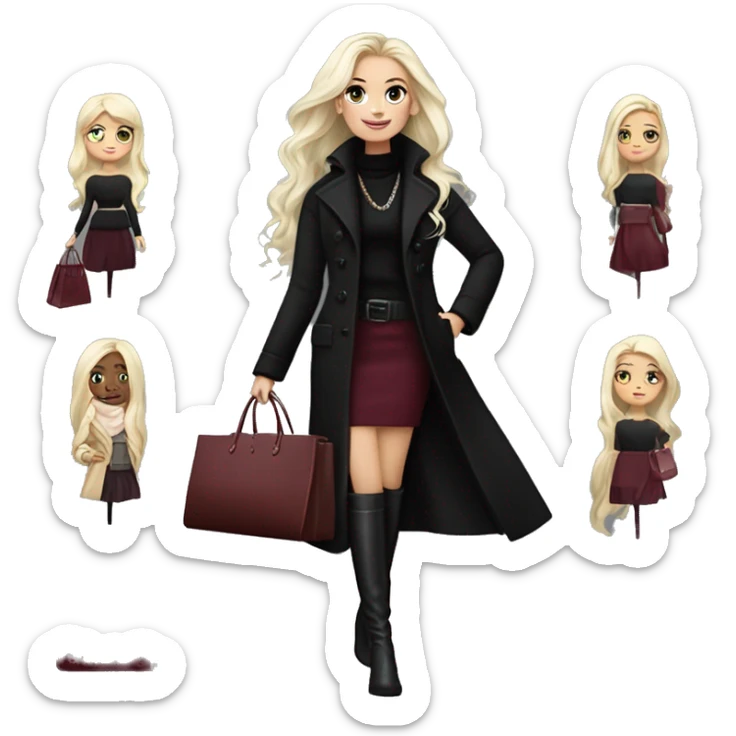 Platinum blonde girl with long hair, made up, wears very long black coat, black knee high boots. Burgundy coloured skirt & black sweater. Burgundy coloured small oval pocket in the left hand & in the right hand shopping bags. Wears a lot of jewellery. sticker