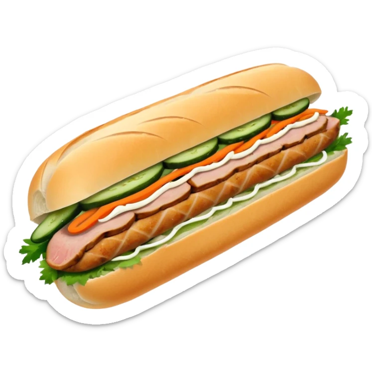 traditional banh mi with char grilled pork emoji 


    Very crusty baguette

    Mayo 

    Pickled carrot 

    Cucumber, coriander/cilantro, green onion, chilli 
 sticker