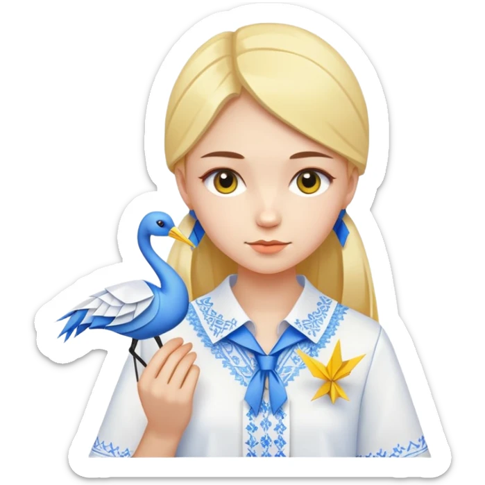 A Ukrainian young girl wearing a white embroidered shirt holds an origami yellow-blue crane sticker