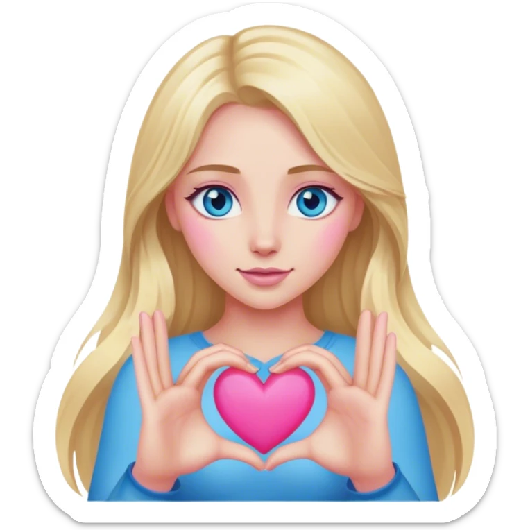 Cinematic realistic blonde with long hair and blue eyes shows her pink heart with her hands sticker