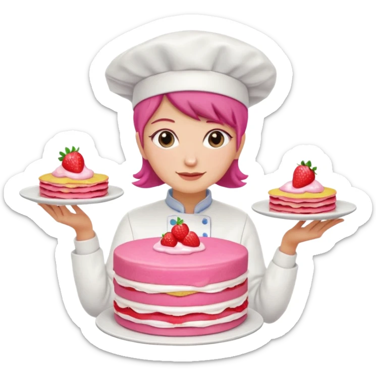woman chef holding pink Crepe gooey strawberry SPAM  jam cake sticker