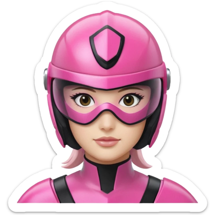 pink power ranger, woman emoji, with helmet on, black visor eye protection, black, power ranger helmet, sticker