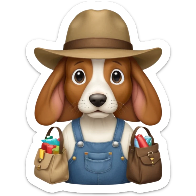 toothless hillbilly basset hound wearing a stetson and dungarees and has bagfs under the eys sticker