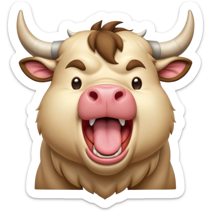 Cinematic Cute Yawning Domestic Bull Portrait Emoji, Head tilted slightly with a dramatic, wide-open yawn, showcasing a robust, muscular frame with a soft, downy coat and subtly drooping horns, round eyes barely open in drowsy contentment, Simplified yet irresistibly adorable features, highly detailed, glowing with a soft, cozy natural glow, high shine, relaxed yet expressive, stylized with a dash of rustic whimsy, soft glowing outline, capturing the essence of a sleepy yet affectionate domestic bull that seems ready to stretch out and settle for a nap! sticker