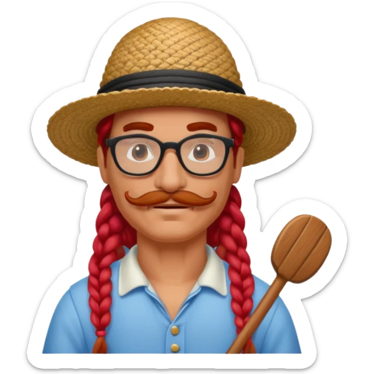 venice gondolier with long red braided hair, iconic hat, normal glassess and mustache sticker