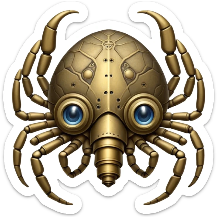 A six-limbed being with a carapace resembling weathered brass, featuring intricate engravings that rearrange themselves and multiple eye stalks that can telescope outward from recessed sockets.

 sticker