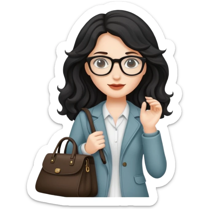 A white girl with black wavy long hair, wearing Wearing glasses and Carrying a bag sticker
