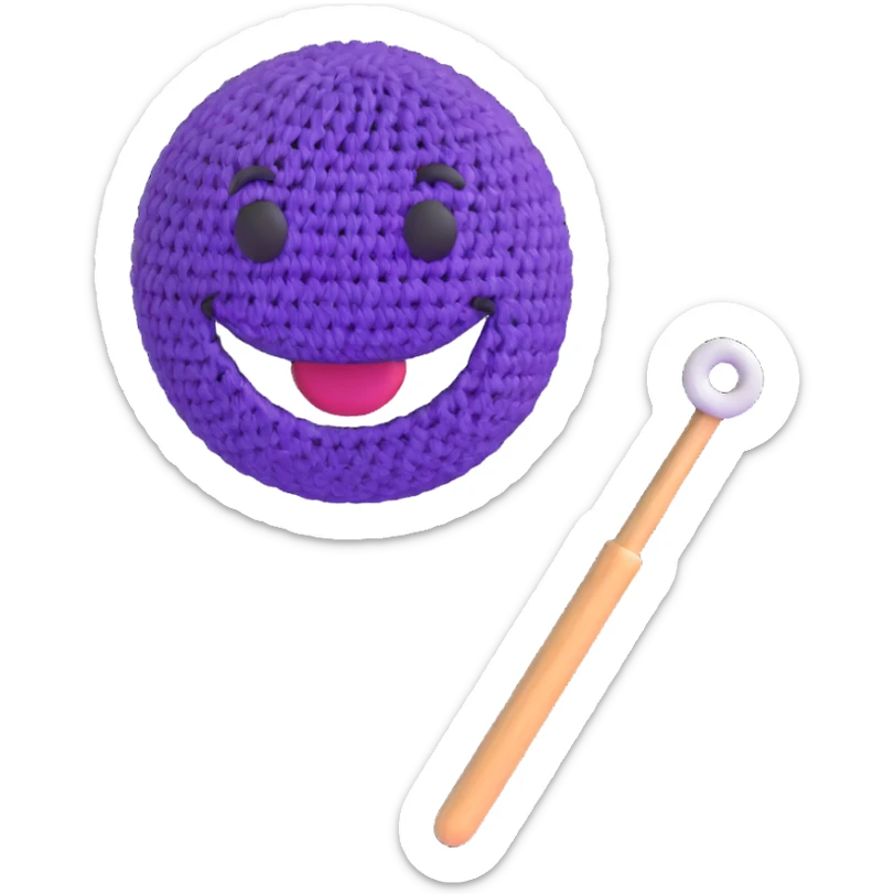 3D smiley emoji, round shape, grandmother with a crochet hook, purple color, smiling face sticker