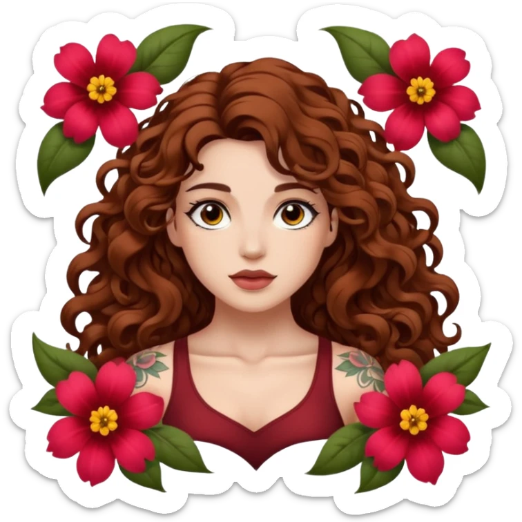 portrait woman long curly brown hair brown eyes white skin tattoos muscular build inside flower petals frame sticker