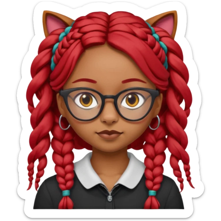 Dark Tan girl with long red plaits and red trimmed cat eye glasses head neck and shoulder shot only sticker