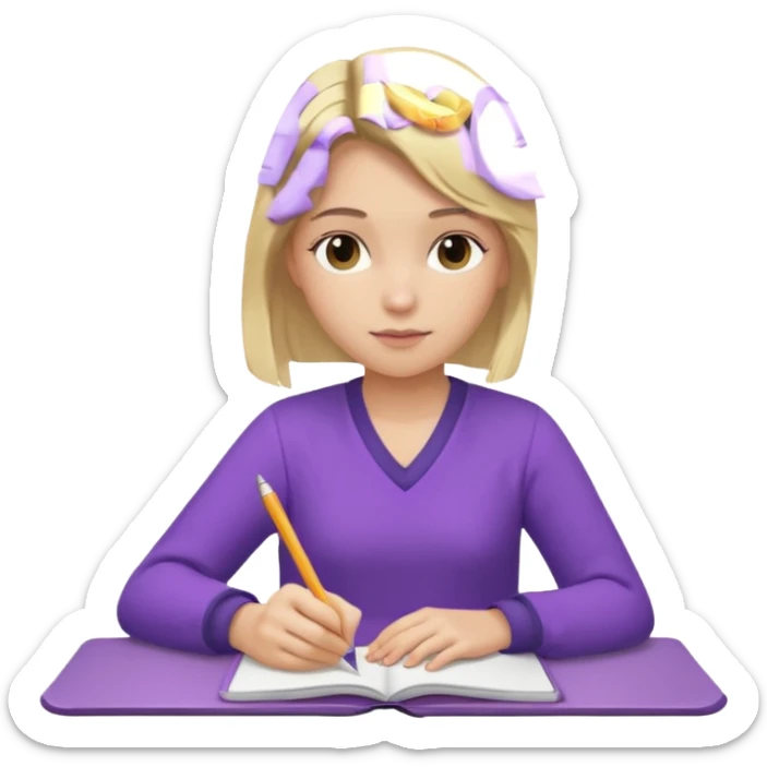 girl sitting, writing in a notebook, blond hair, dressed in purple clothes sticker