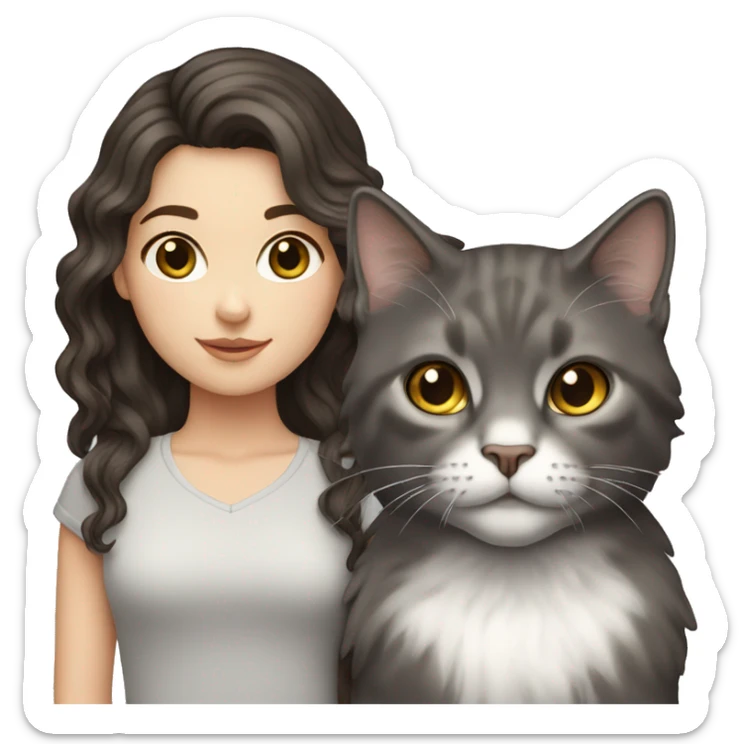 A White girl with wavy dark brown hair and a grey cat sticker