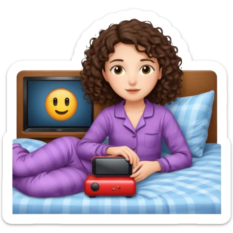 Draw a brunette girl with shoulder-length curly hair, lying on the bed watching TV.  sticker
