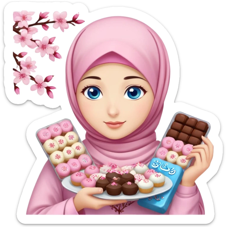 Turkish beautiful finish Konya girl blue eyes with cherry blossom hijab islamic dress and had on her hand text Eid Mubarak with sweets and celebrating with her friends eid days   sticker