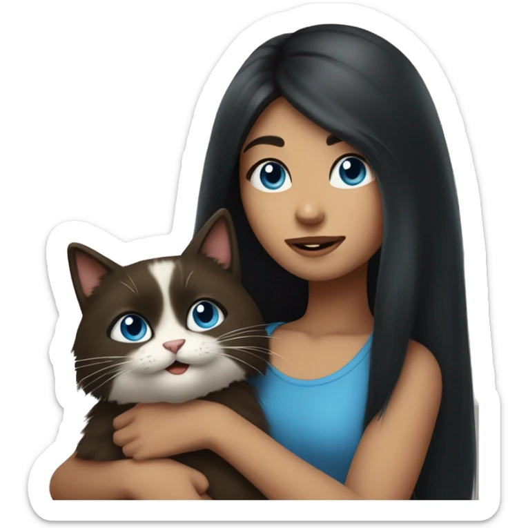 girl with long black hair holding a furry and cute blue eyed brown cat sticker