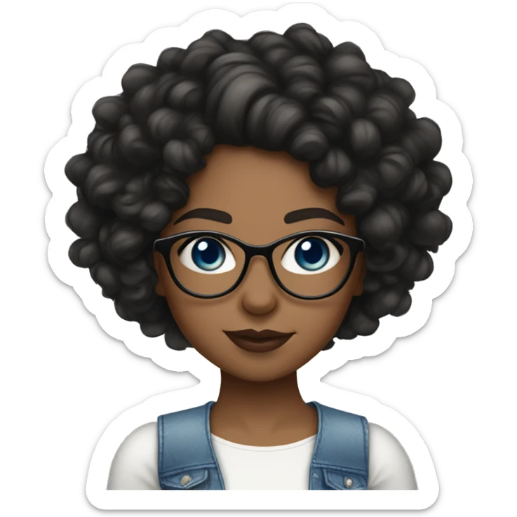 Black curly Hair girl with a white crop top on and blue eyes with natural lashes and glasses with lip gloss on her lips lightskin looking forward. sticker