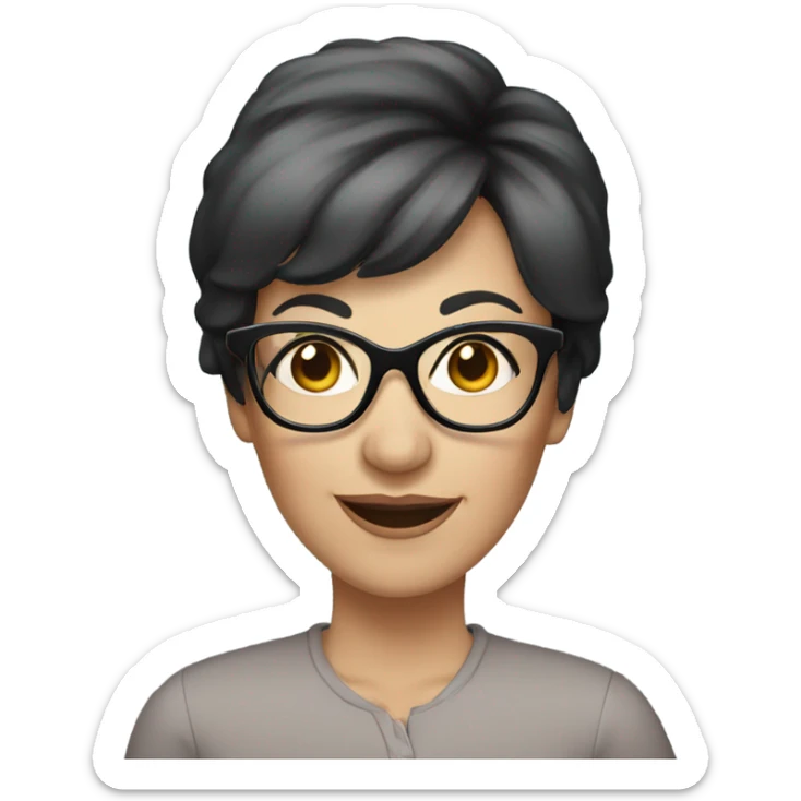 A woman in her 50s smiling with short black hair, kind of round face, black glasses, white but little tan, blue eyes sticker