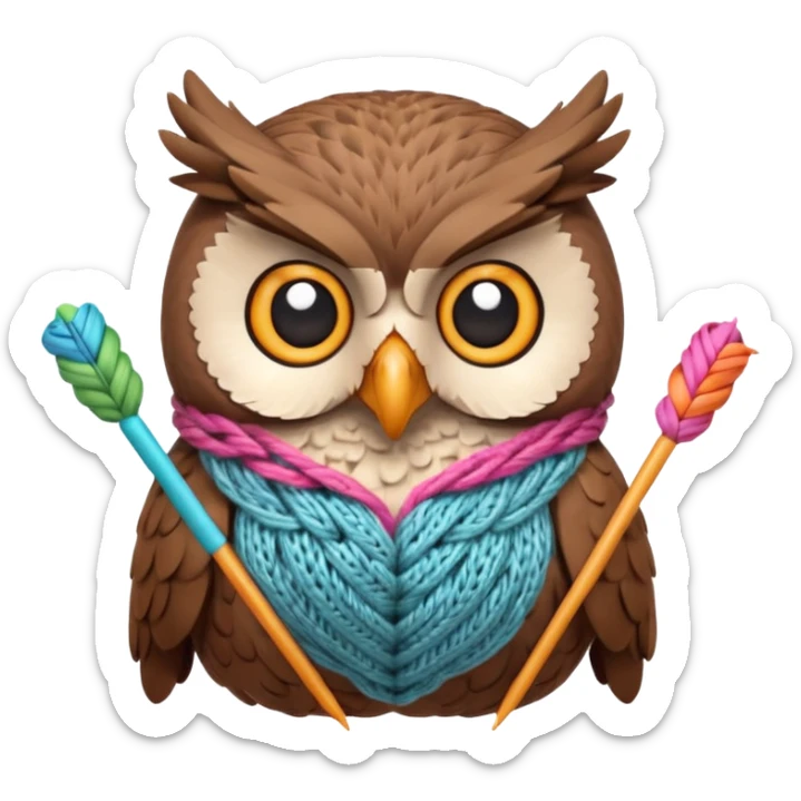 knitting owl portrait, head and shoulders only, cute owl holding knitting needles and yarn, cozy expression, warm handmade vibe, soft feathers, 3D cartoon style, mobile game icon style, clean background, no text, no watermark
 sticker