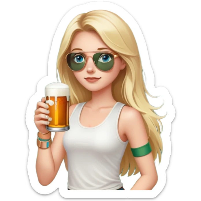 girl with long blond hair
with blue eyes
and aviator sunglasses
wearing white tank top 
holding a can of beer
wearing (rose gold apple watch with forest green band) sticker