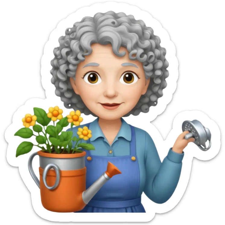 Older female florist – curly hair, hold garden watering pot sticker