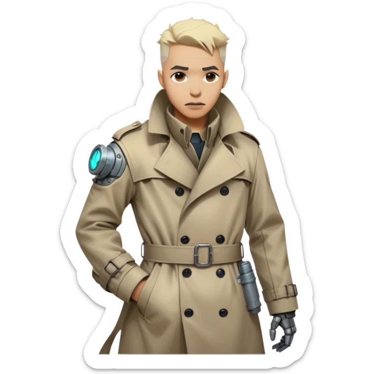 cartoonish, rough, and battle-worn cyber-steampunk Dr. Numen Oppen is seen with his side view mug shot of hi rugged trench coat, exposed mechanical joints, and worn cybernetic enhancements capture the fusion of steampunk and cyberpunk aesthetics. sticker