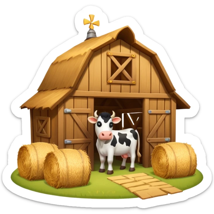 cow barn object icon, wooden stable building, hay bales near entrance, warm light, farm style, 3D cartoon, mobile game icon style, centered, clean background, no text, no watermark
 sticker