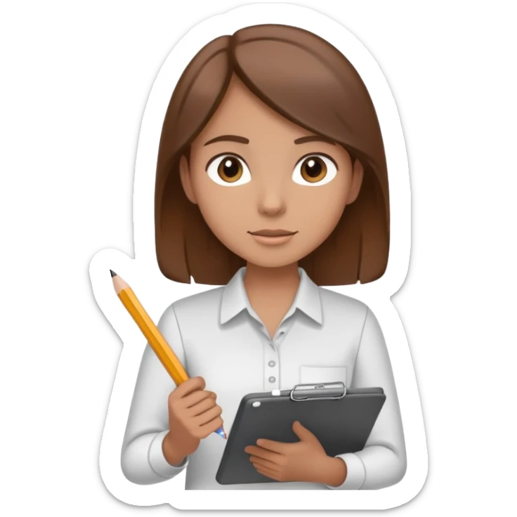 Intern or volunteer with brown hair holding a clipboard and pencil, ready to take notes or assist. The character wears a simple shirt and has an eager posture sticker