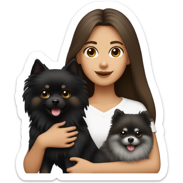 brown hair girl holding a black pomeranian and grey pomeranian  sticker