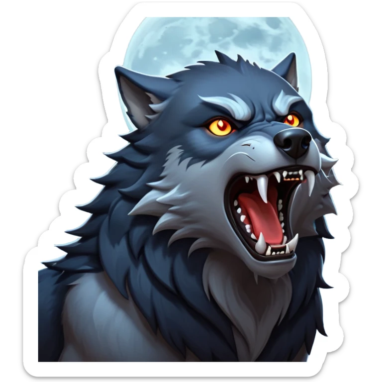 cinematic-noble-fierce-werewolf-howling-portrait-emoji, poised-and-imposing, with a fierce wolfish face tilted upwards in a haunting howl, glowing eyes full of primal ferocity, sharp, and a rugged snout, fur rippling in shades of midnight black and silver, muscles tensed as the powerful howl echoes beneath the moonlit sky; rendered with realism, capturing the raw, untamed power of the beast in its wild, primal state sticker