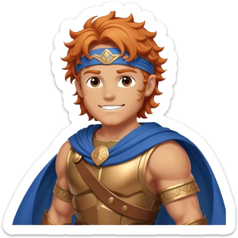 A muscular young hero with wavy orange hair and a determined smile. He wears a Greek-style brown tunic with a blue cape, bronze armor, and a headband. His stance is confident and heroic, exuding strength and courage sticker