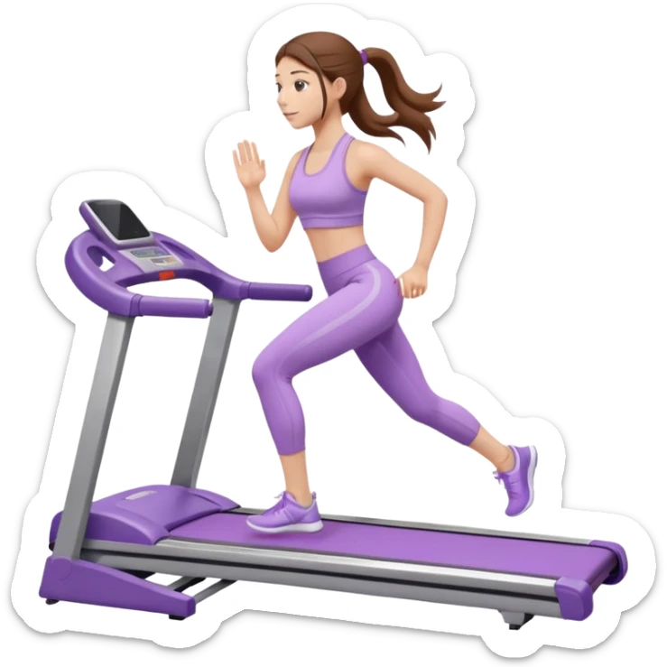 girl with long brown hair on treadmill wearing light purple yoga set sticker