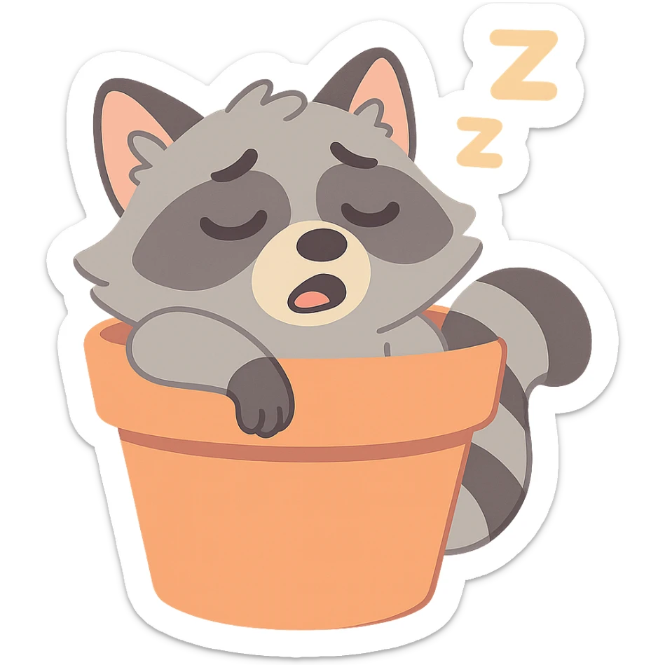 sleepy raccoon inside a flower pot, pastel earthy colors, pastel toon style sticker