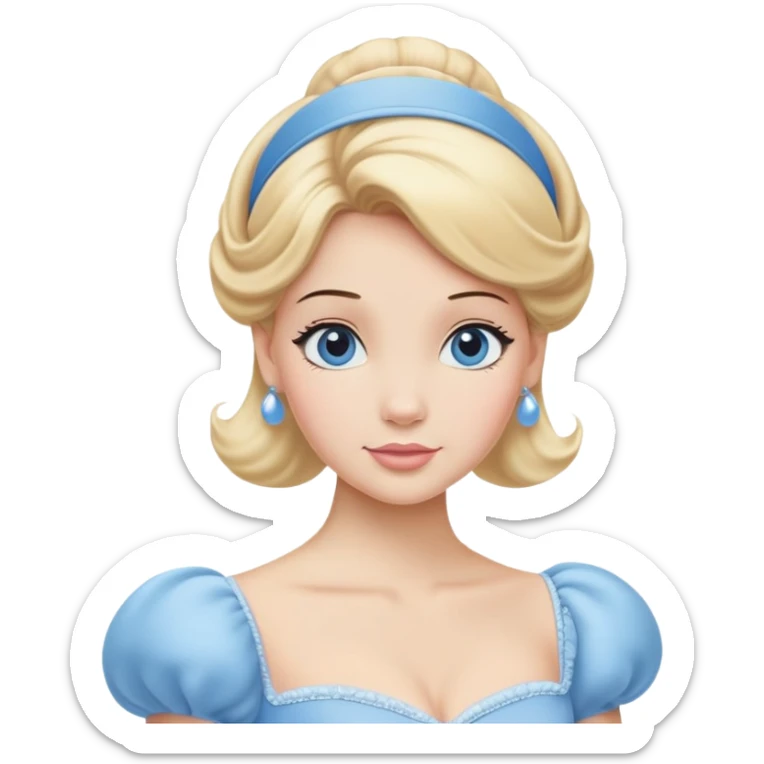 Cinderella from hips up, iconic powder blue ballgown with puffed sleeves, blonde hair with blue headband, minimal style but very recognizable sticker