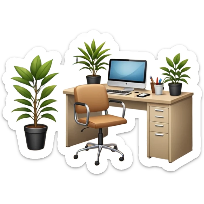 imagen de oficina con escritorio, silla, notebook, agenda y una plata con un cartel que diga FUERA DE OFICINA sticker