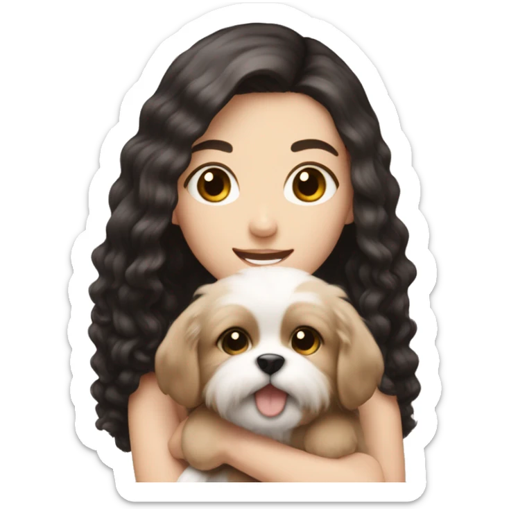 pale white girl with black hair holding light brown fluffy puppy sticker