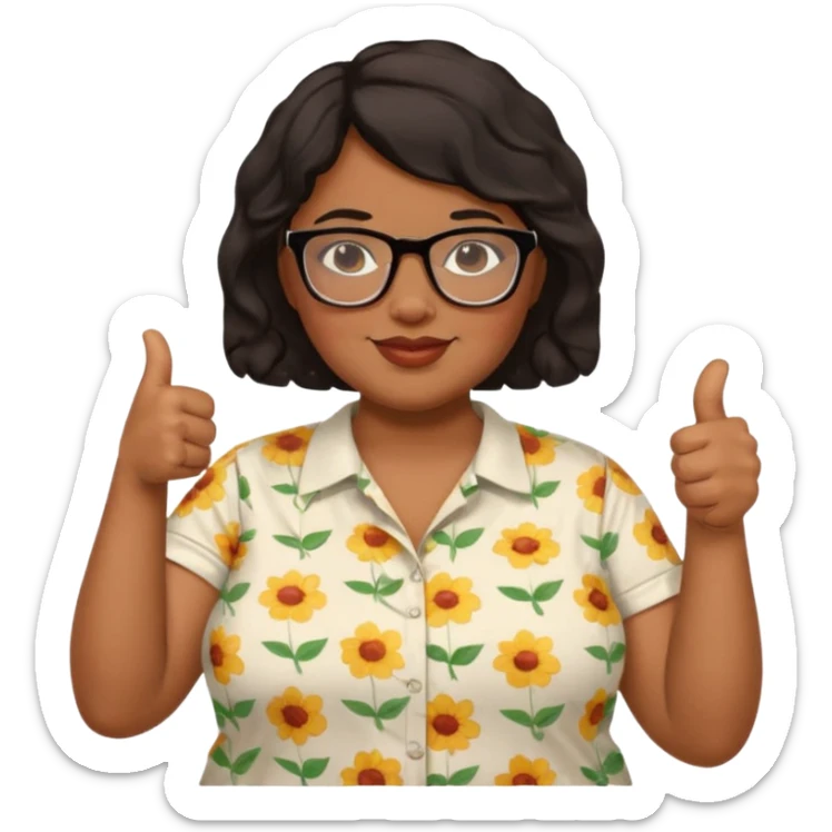 make a fat brown female biology teacher with glasses giving a thumbs up with short black hair wavy remove the doctor outfit and put on a regular summer looking shirt sticker