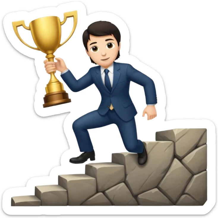 UN HOMBRE DE PIEL CLARA Y PELO OSCURO SUBIENDO ESCALERAS LARGAS PARA ALCANZAR UN TROFEO sticker