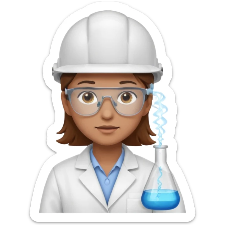 Ingeniera quimica con delantal, casco de seguridad y gafas de seguridad, castaña de ojos claros sticker