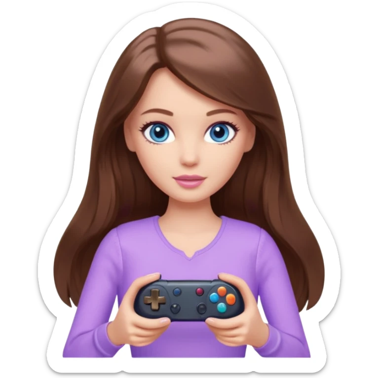 beautiful barbie girl with long brown hair, blue eyes and wearing light purple clothes playing console games with controller sticker