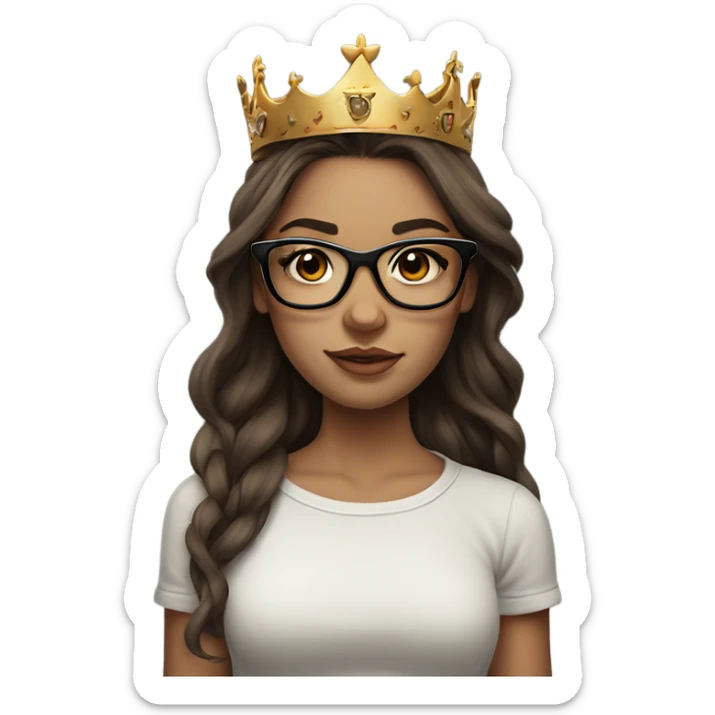 Hyperrealistic beautiful  girl, wearing a crown and glasses with tattoos, with long brown hair  sticker