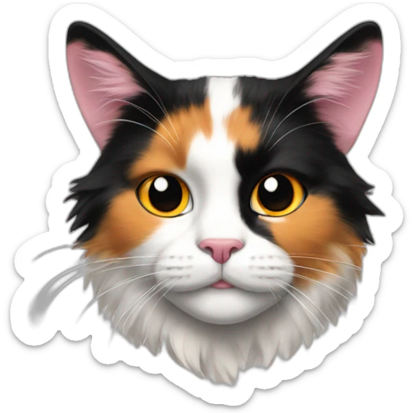 girl fluffy calico cat face left side black right orange rest is white pink nose sticker
