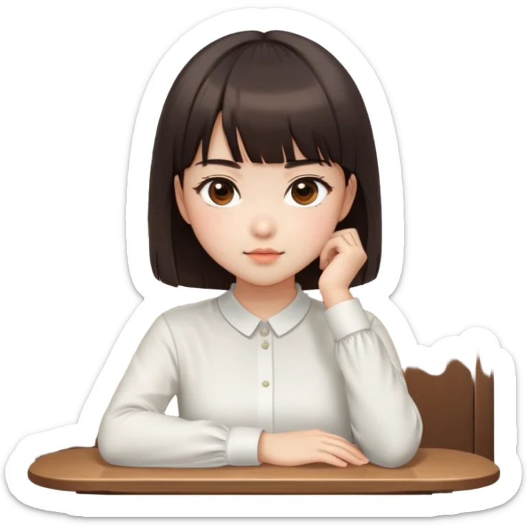 Cute East Asian girl, soft fair skin, big brown eyes, straight bangs, inward brown bob. Sitting at table, chin on hand, smirking coldly, wearing white blouse, side-eyeing with attitude. sticker