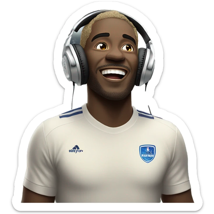 a white skin colour man is very happy because his favourite team has won a match he is wearing a headphone and standing in a ground behind him stadium is present sticker