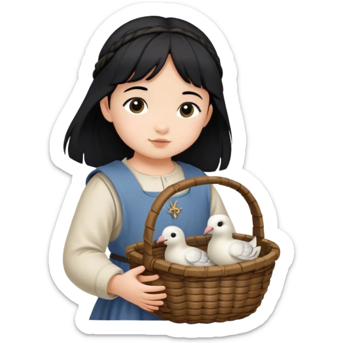 toddler girl with black hair carrying wicker basket with turtledoves, medieval age sticker