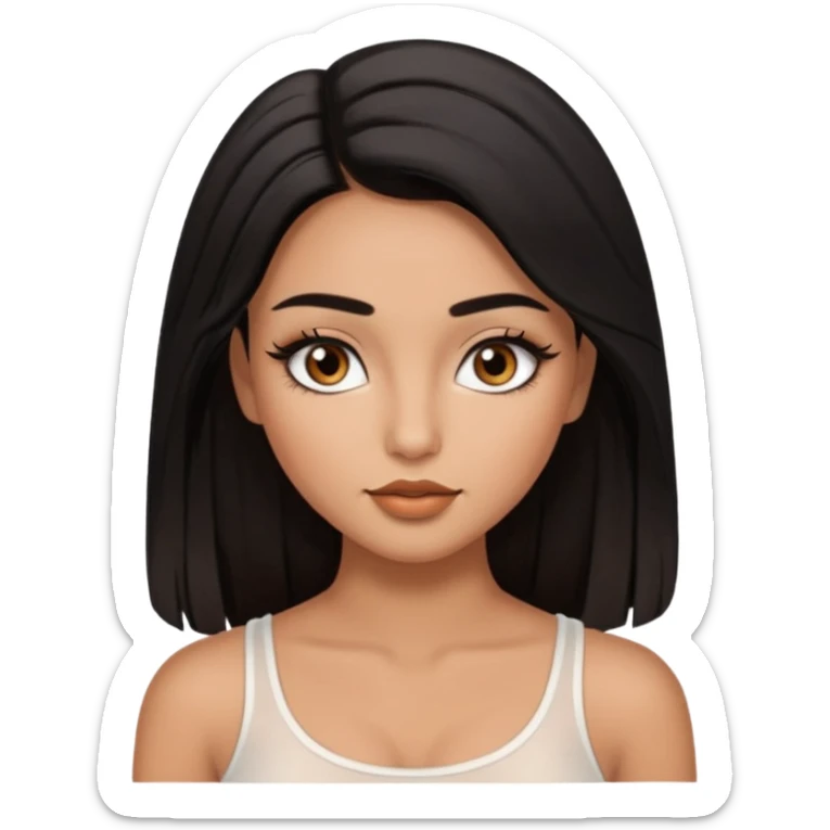 A girl, who has long black styled silk hair, tan skin. almond brown eyes that has black long lashes, small nose and full lips. and a bit of makeup like bronzer. and wearing a white tight top. long black lashes and medium arched brows. looks like a baddie. sticker