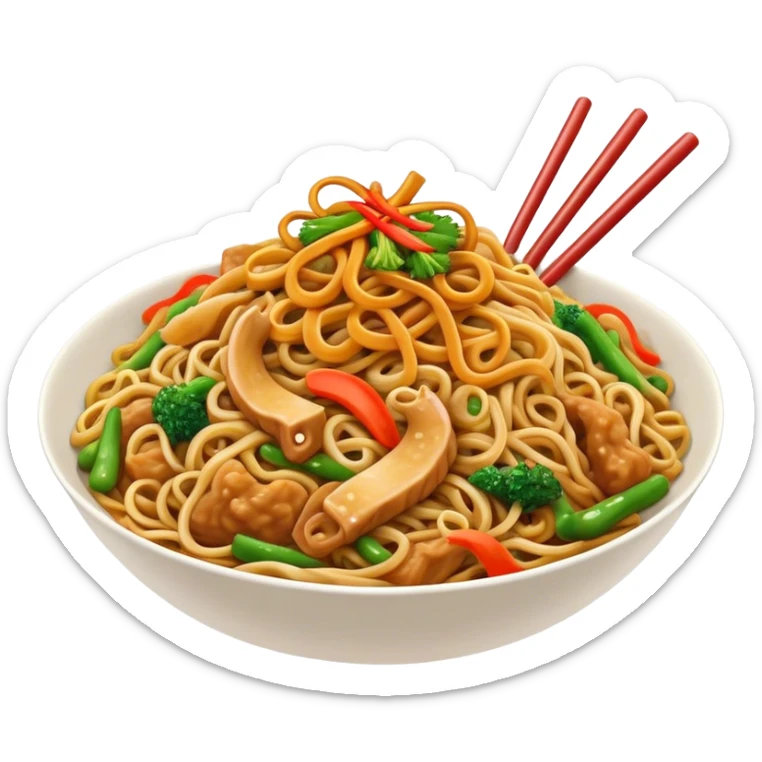 Cinematic Realistic Chow Mein Dish Emoji, showcasing stir‚Äêfried noodles with crisp vegetables and tender meat, rendered with lifelike detail and vibrant, dynamic lighting. sticker