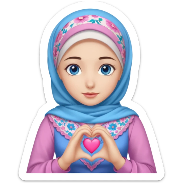 Turkish beautiful finish Konya girl blue eyes with mini floral hijab and lila blue pink dress and she make heart with hands sticker
